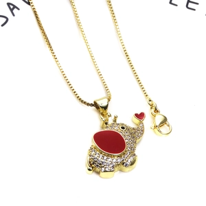 Golden crown elephant pendant necklace with white zircons and red enamel on box chain