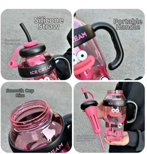 Detail view of pink sports bottle with silicone straw, handle and tea filter parts