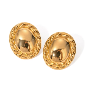 Retro 18k gold plated stainless steel oval earrings with rope texture and smooth center