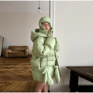 Stylish light green hooded puffer jacket set with matching earflap hat and neck gloves