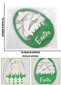 Detail view of Easter wooden egg hanger showing laser-cut rabbit design and 16.9cm size