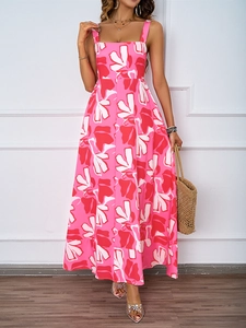 Detail of pink floral maxi dress with square neckline and wide shoulder straps