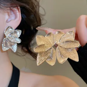 Exaggerated Large Petal Floral Stud Earrings With 925 Sterling Silver Earring Post Textured Metal Vintage Style For Women