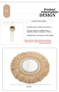 Detail view of handmade raffia wall mirror with decorative wooden beads and fringe