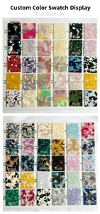 Detailed tile display of various acetate patterns including marble and shell textures