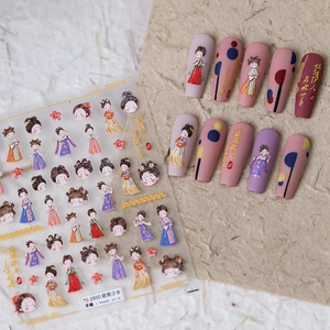 3D Relief PET Nail Art Stickers Chinese Style Cartoon Hanfu Girl Ultra Thin Self Adhesive Manicure Decoration For Women