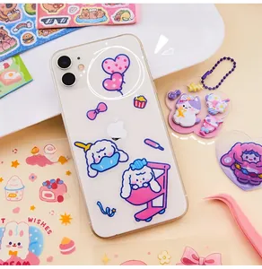 Cute cartoon PET stickers featuring heart balloons and dessert patterns on a white phone