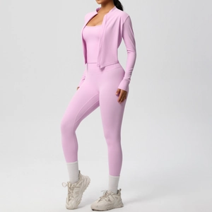 Three-piece light pink yoga set including zipper jacket, tank top, and high waist leggings