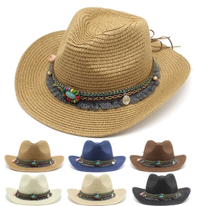 Chapeau De Cowboy En Paille Western Avec Perles Turquoise Bande Ethnique Gland Chapeau De Soleil Pour Hommes Femmes