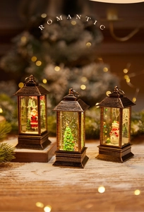 Retro Christmas lanterns featuring Santa, Snowman and Tree with warm holiday lighting