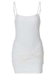 White ribbed mini camisole dress with waist twist knot and pleated detail design