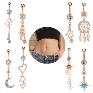 8-piece set of gold belly rings with zircon stars and moons on a white background