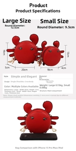 Detailed size comparison and specifications for the crab-shaped PU mini coin purse