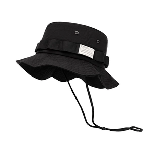 Quick-dry black outdoor sun hat with wide brim, breathable eyelets and chin strap