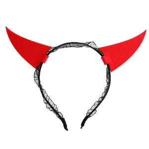 Detail view of red devil horns headband with black lace trim for Halloween party costume