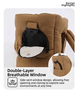 Detail des doppellagigen atmungsaktiven Netzfensters an einer braunen Haustiertasche