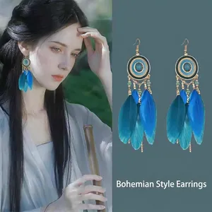 Detail of Bohemian peacock blue feather earrings with bronze charms on a female model