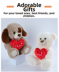Close-up of soft plush teddy bear and puppy set holding red embroidered 'Love' hearts