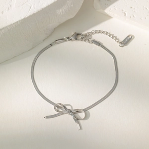 Elegant silver titanium steel bow necklace with snake chain and adjustable lobster clasp