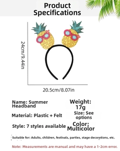 Detail showing dimensions and material of a yellow sequin pineapple summer party headband