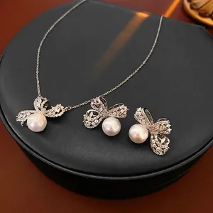 Parure de bijoux en argent avec nœuds et perles, collier en zircon et boucles d'oreilles