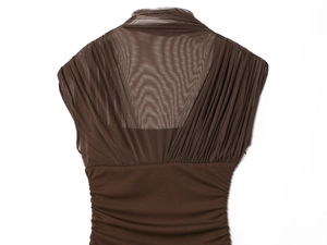 Detail of dark brown stretch mesh dress featuring ruched texture and slim waist design
