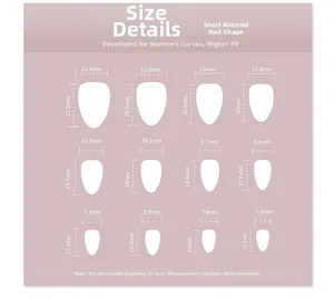 Size chart showing 24 pieces of short almond press-on nails in 12 various dimensions