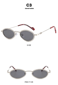 Detail view of oval silver sunglasses C3 with rhinestone edges and dark grey lenses