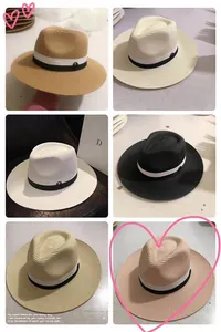 Detail showcasing six colors of straw sun hats with chic black and white decorative bands