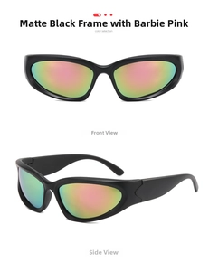 Front and side views of matte black Y2K sunglasses with pink gradient lenses