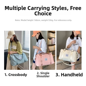 Quilted travel bag showing three carrying styles with adjustable straps in various colors