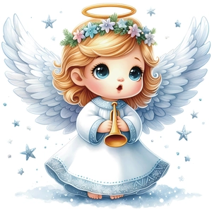 Cute cartoon Christmas angel window sticker with golden curls, wings, and trumpet