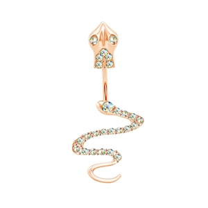 Detailed close-up of a rose gold snake belly ring with colorful sparkling rhinestones