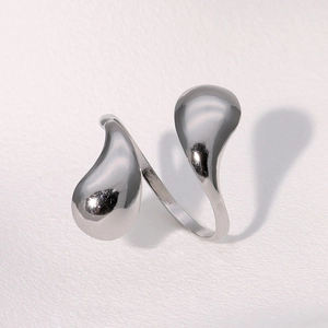 Polished stainless steel open ring with a minimalist double water drop design