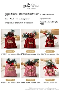 Detailed size guide for red plaid Christmas gift bags with pine cone decorations