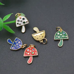18K gold plated mushroom charms with colorful enamel and zircon for DIY bracelets