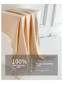 Solid color knitted fringe scarf detail, soft and warm winter accessory for women.