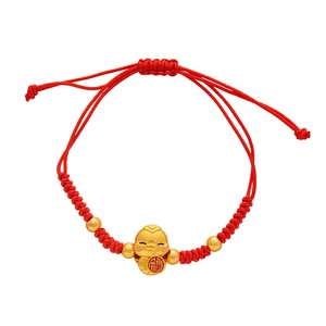 Red woven rope bracelet with lucky golden bead and cute mascot pendant for Chinese New Year