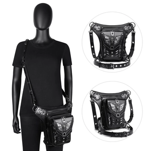 Punk style black PU leather waist leg bag with skull embossing and metal rivets