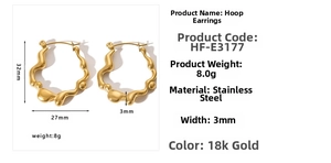 Detailed size and material chart for irregular 18K gold-plated stainless steel earrings