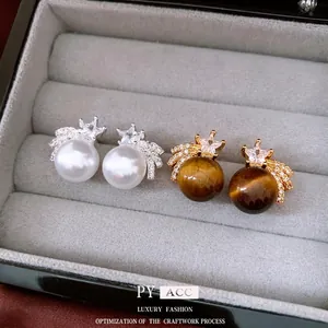 Elegant Star Wing Ear Studs With Silver Earring Post 18K Gold Plated Tiger Eye Stone White Artificial Pearl Zircon For Women