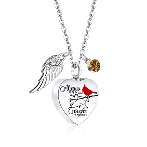 Silver heart urn necklace with cardinal bird and angel wing for pet memorial
