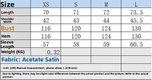 Guide des tailles détaillé pour chemisier satiné avec mesures de longueur et de poitrine
