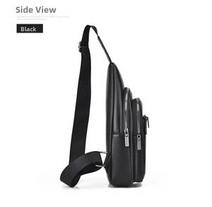 Side view detail of black lychee grain leather chest bag with multi-layer zippers