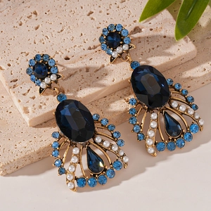 Vintage gold drop earrings with blue crystal and pearls in baroque style