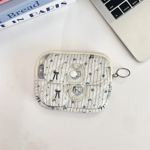 Detailed view of quilted fabric coin purse with floral patterns and keychain attachment