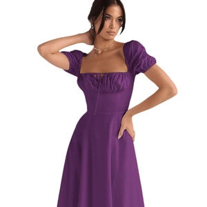 Elegant purple puff sleeve high waist dress with a square neckline and slim fit silhouette