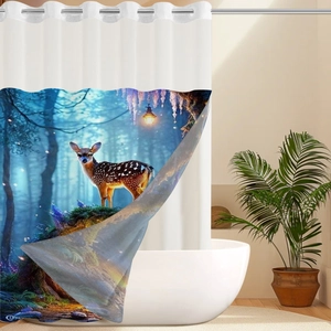 Detail of waffle weave shower curtain with metal grommets and mystical elk print