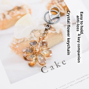 Macro shot of amber crystal flower keychain on a magazine, showing detail of polished petals