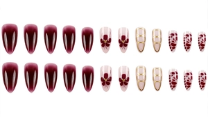 Set of 24 almond shape press-on nails in burgundy with floral and gold geometric patterns
